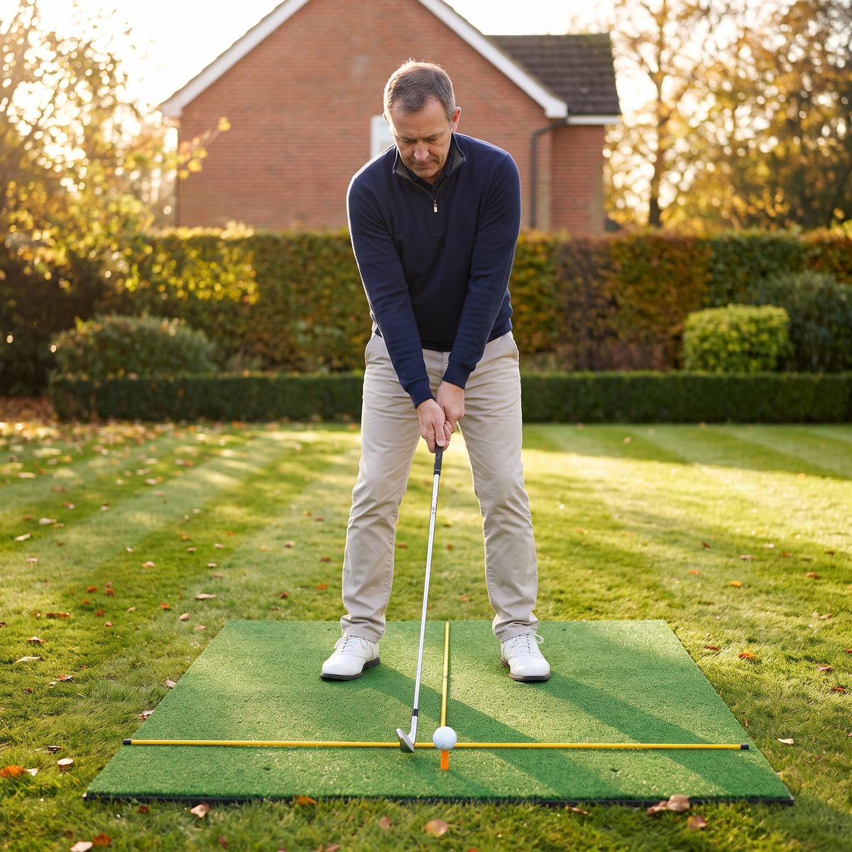 Golfer practising on a YardRange hitting mat in a British back garden