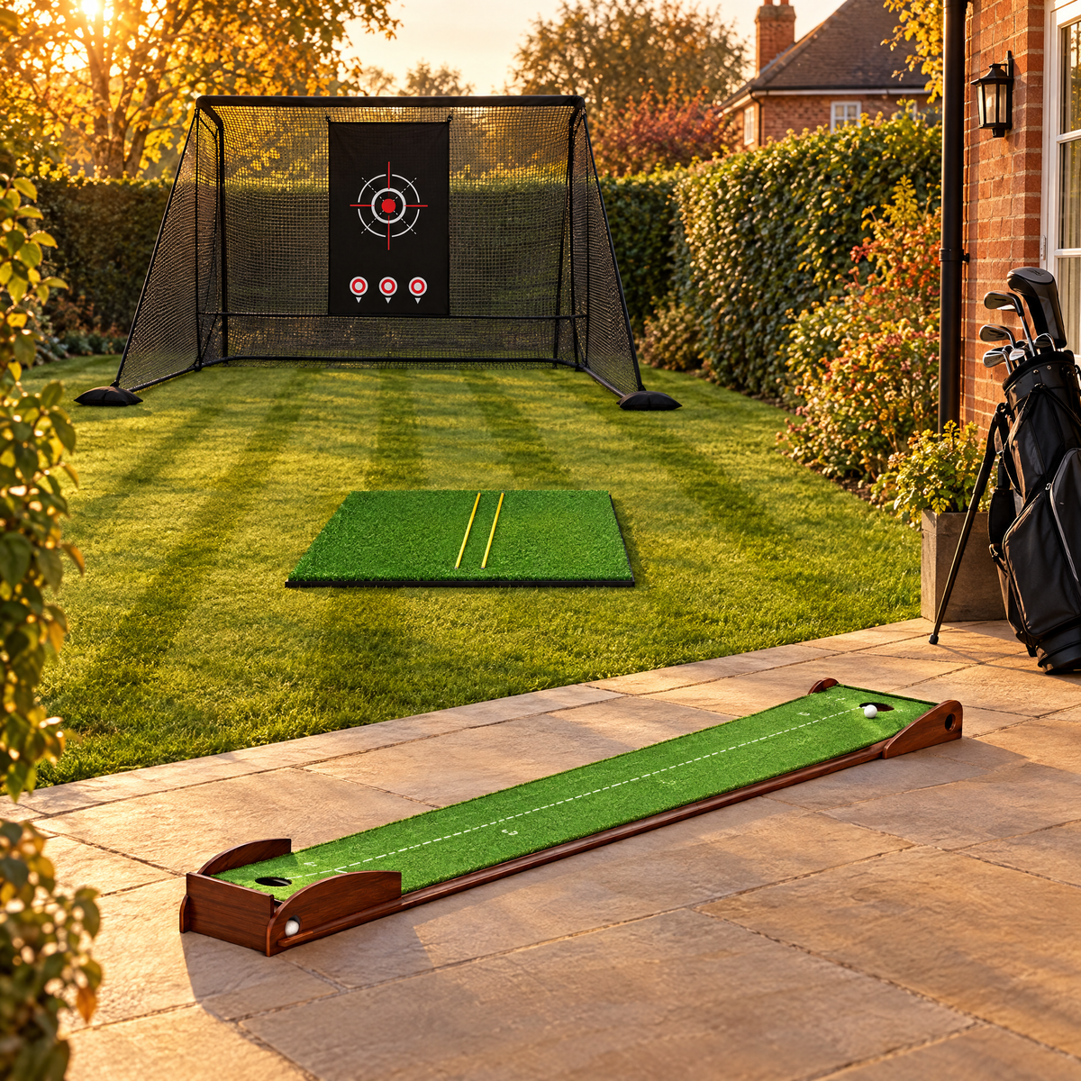 YardRange net, hitting mat and putting mat set up in a British garden