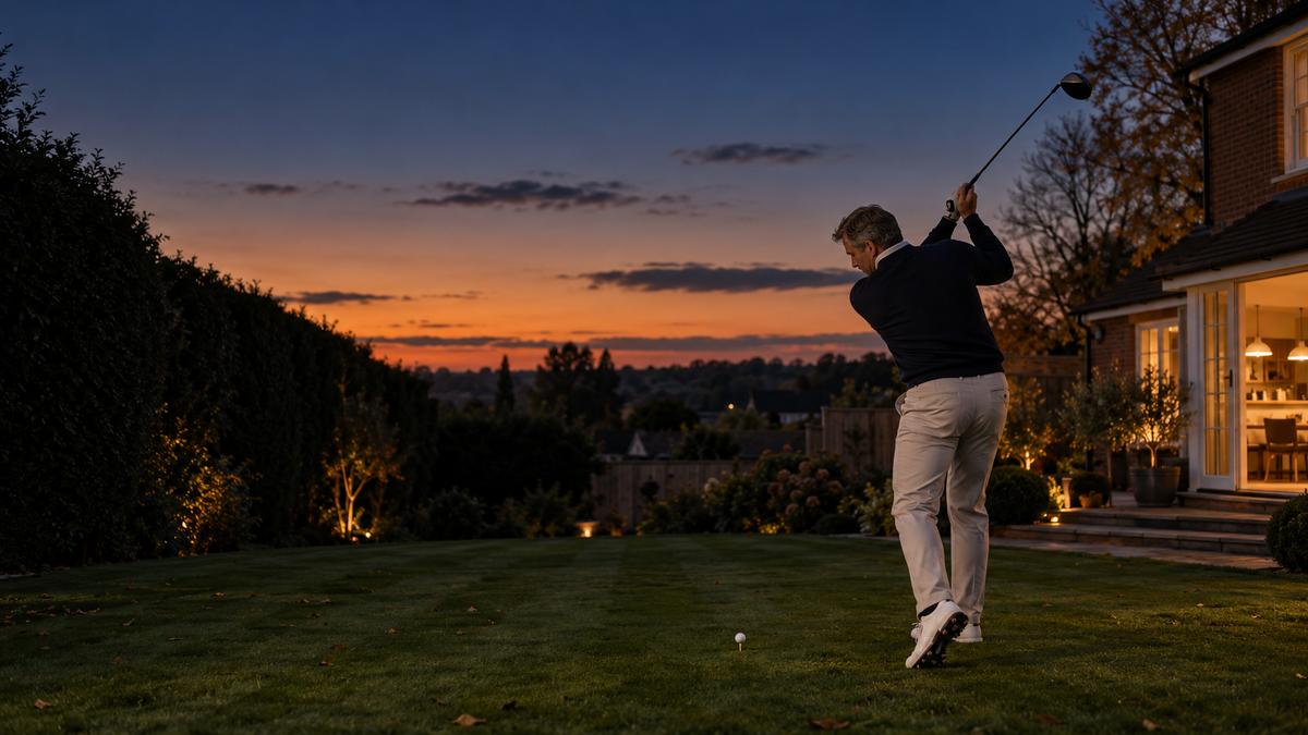 Golfer practising in his back garden at dusk