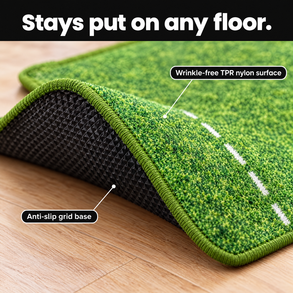 Anti-slip grid base and wrinkle-free TPR nylon putting surface