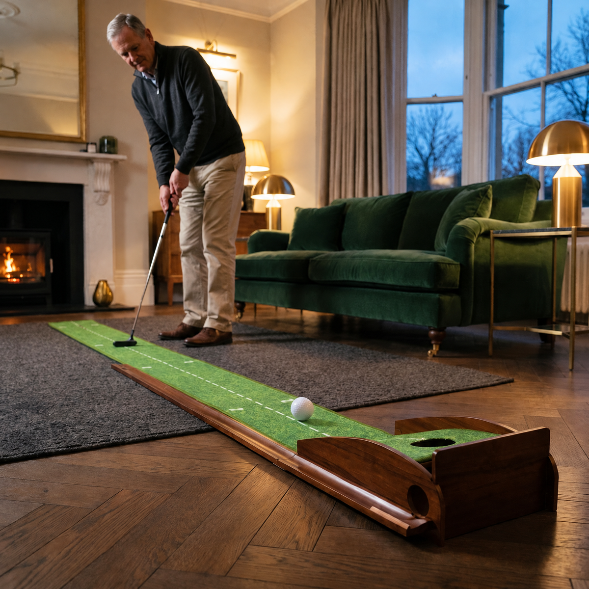 Golfer putting on the ball-return putting mat in a living room
