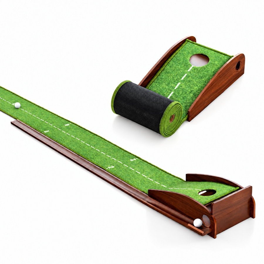 YardRange 2.8 m ball-return putting mat, assembled and rolled up, with wooden return track