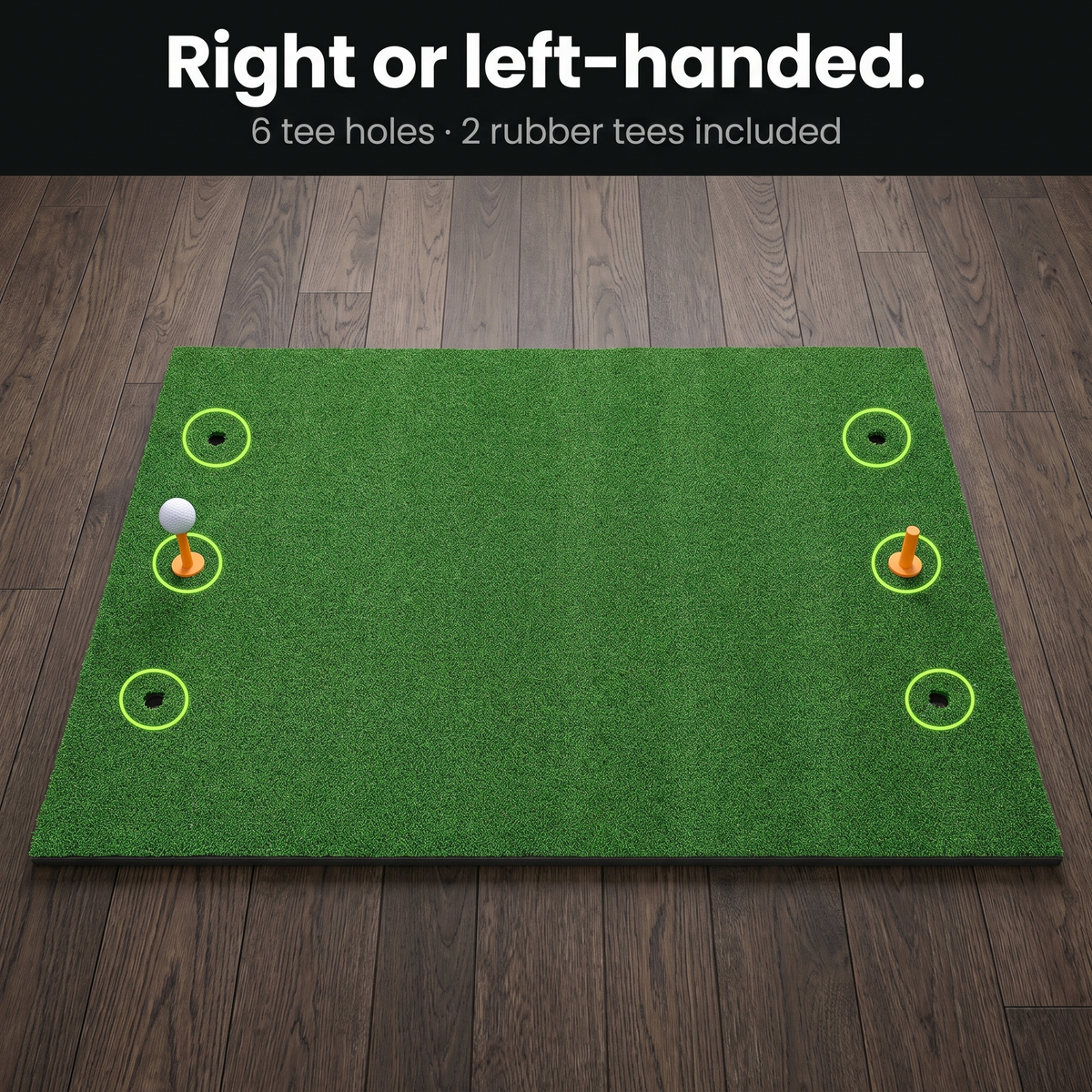 6 tee holes for right or left-handed golfers, 2 rubber tees included