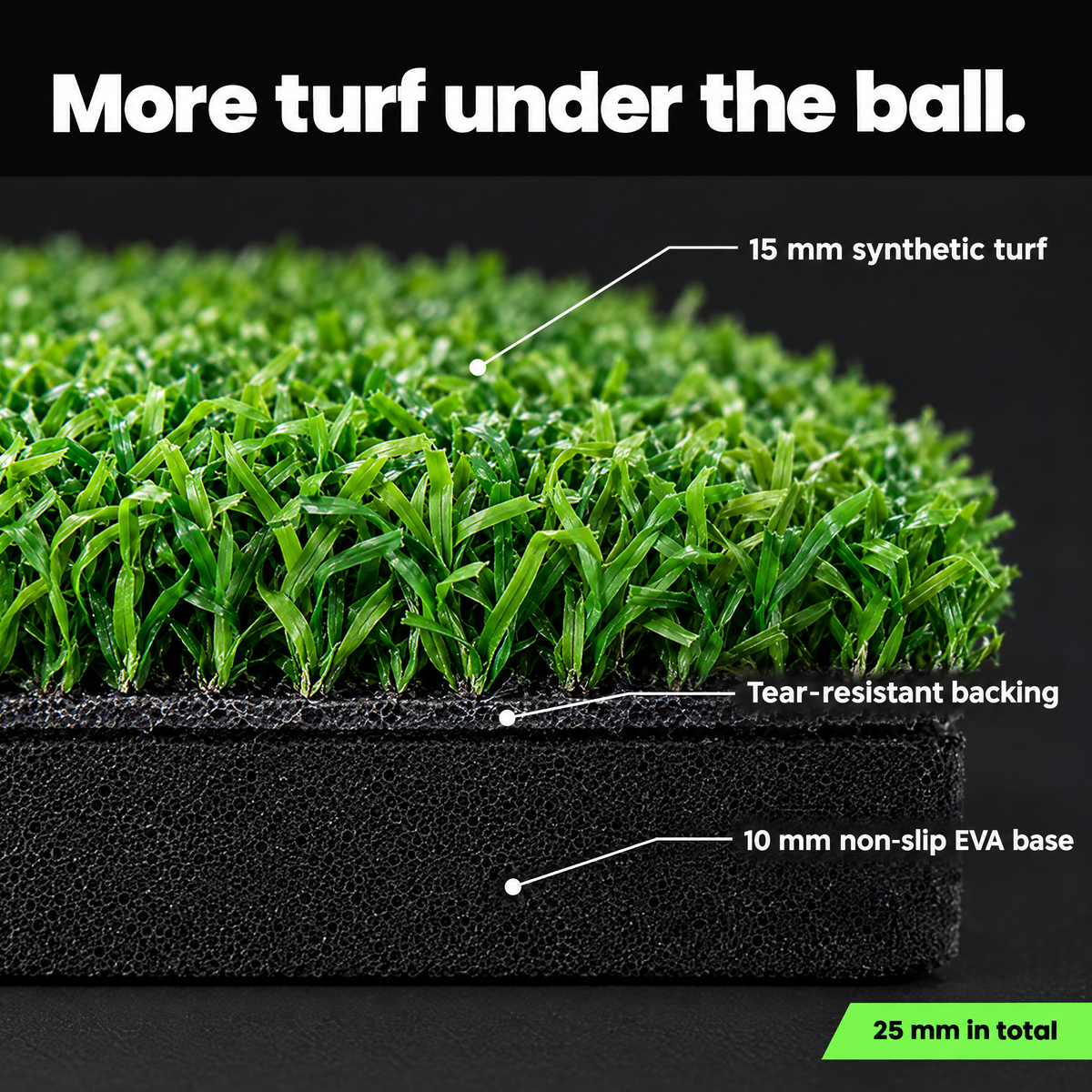 25 mm hitting mat: 15 mm turf on a 10 mm non-slip EVA base