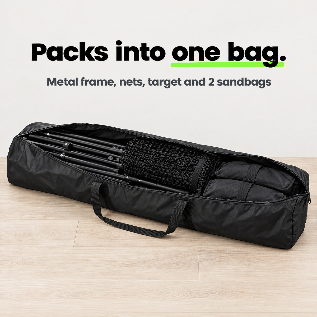 Practice net packs into one carry bag