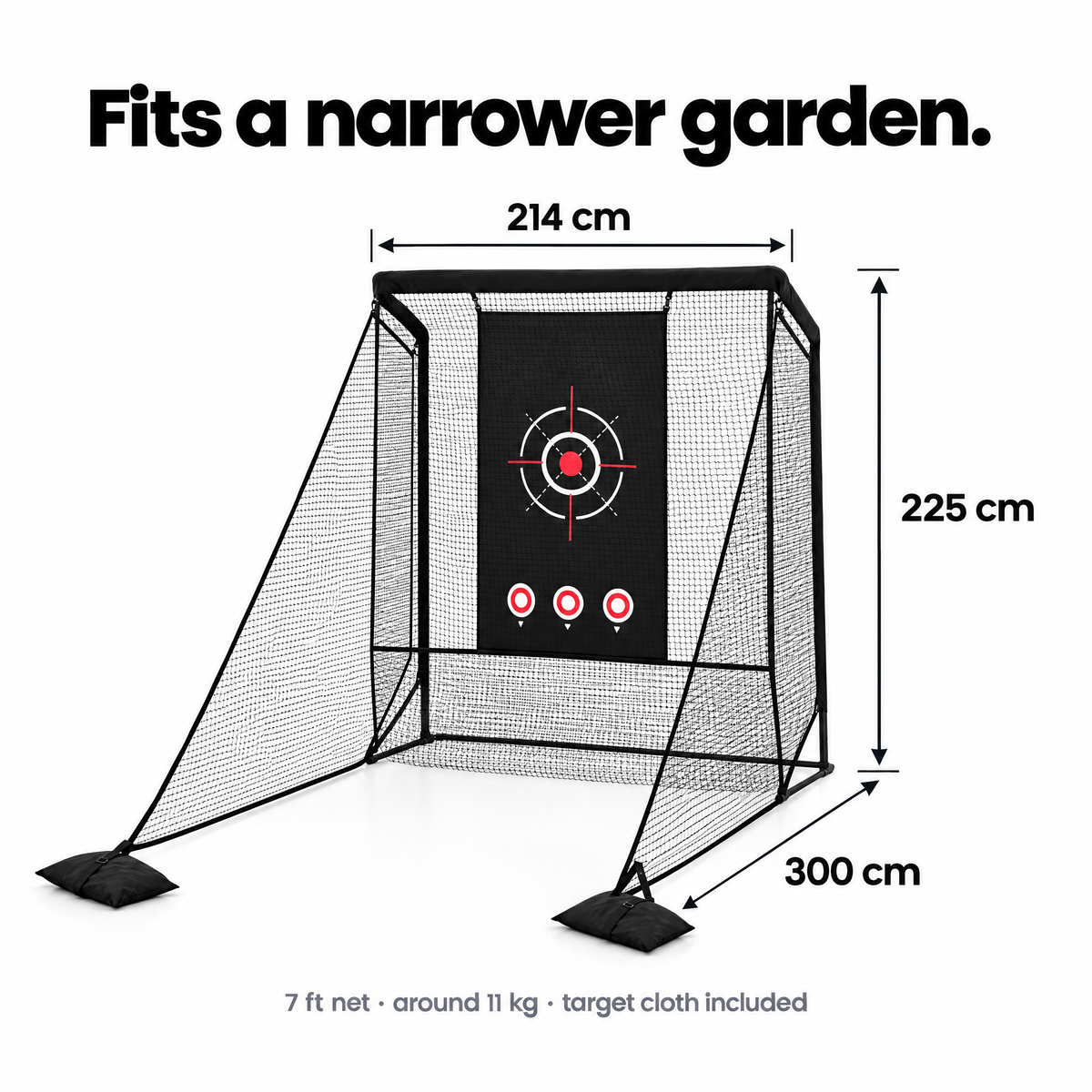 7 ft practice net dimensions: 214 x 225 cm, 300 cm deep with side barriers