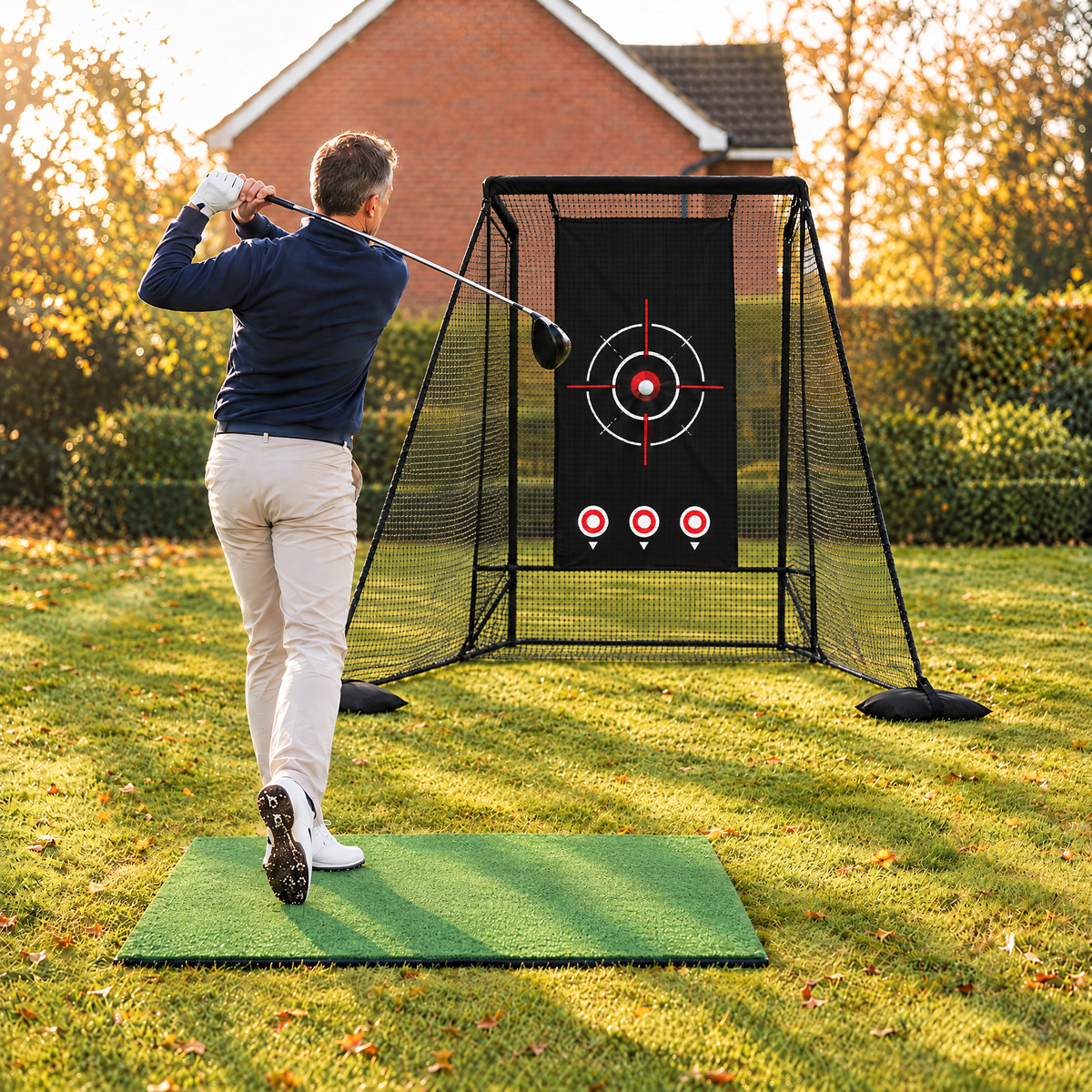 Golfer hitting a driver into the 7 ft practice net in a British back garden