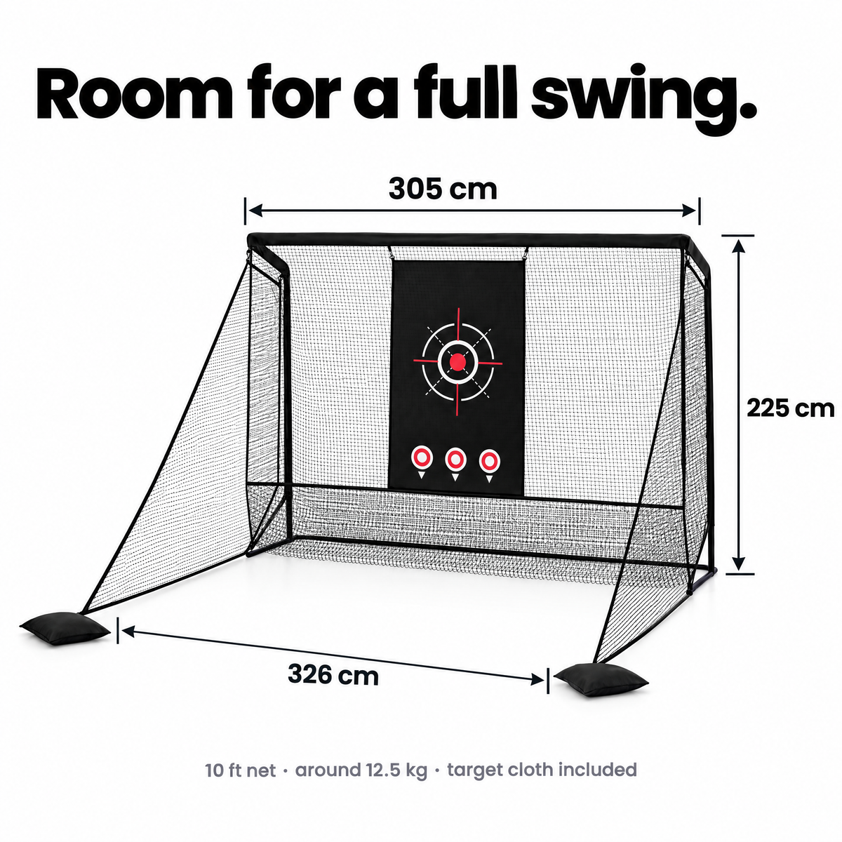 10 ft practice net dimensions: 305 x 225 cm, 326 cm deep with side barriers