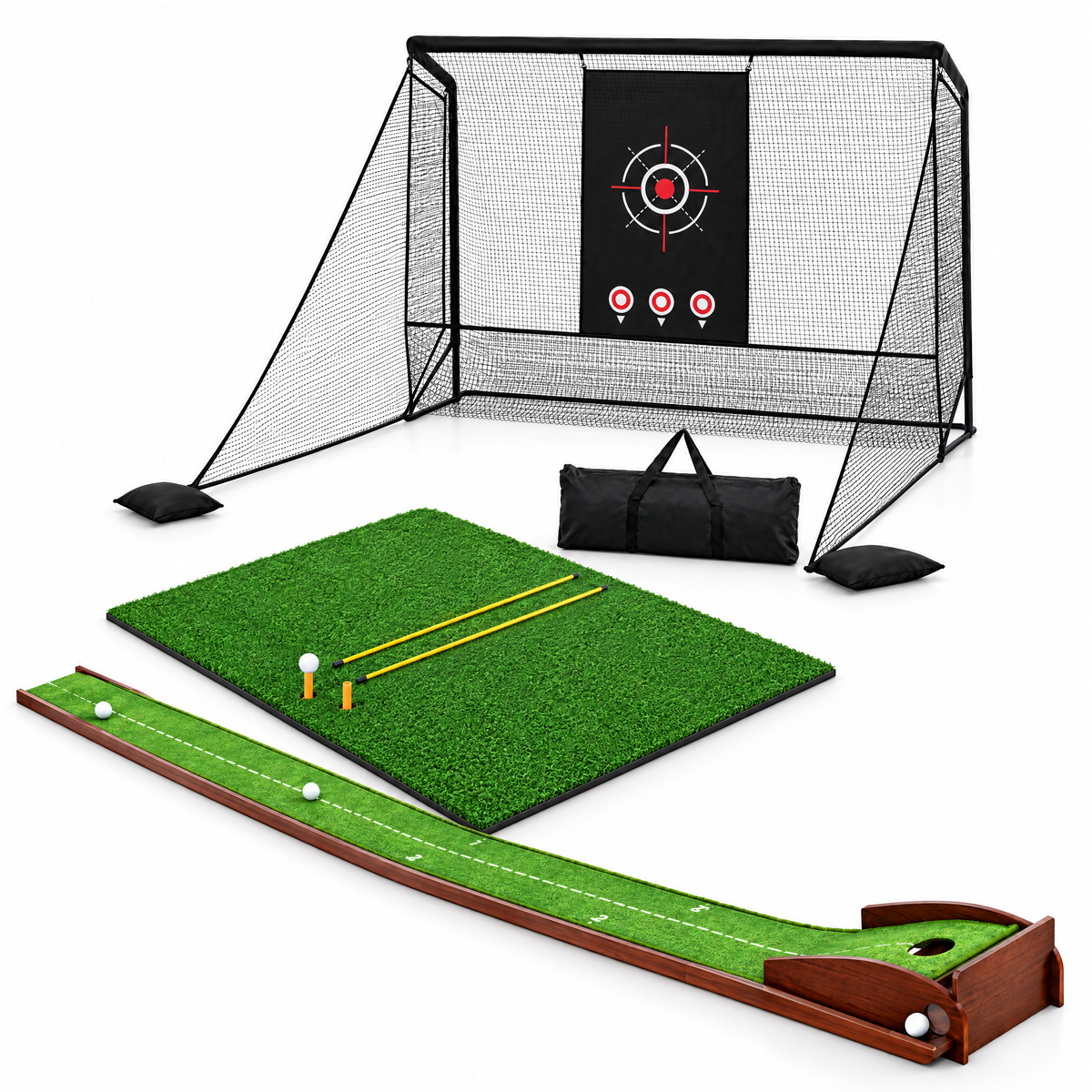 Ultimate Home Range bundle: 10 ft net, Pro hitting mat and ball-return putting mat