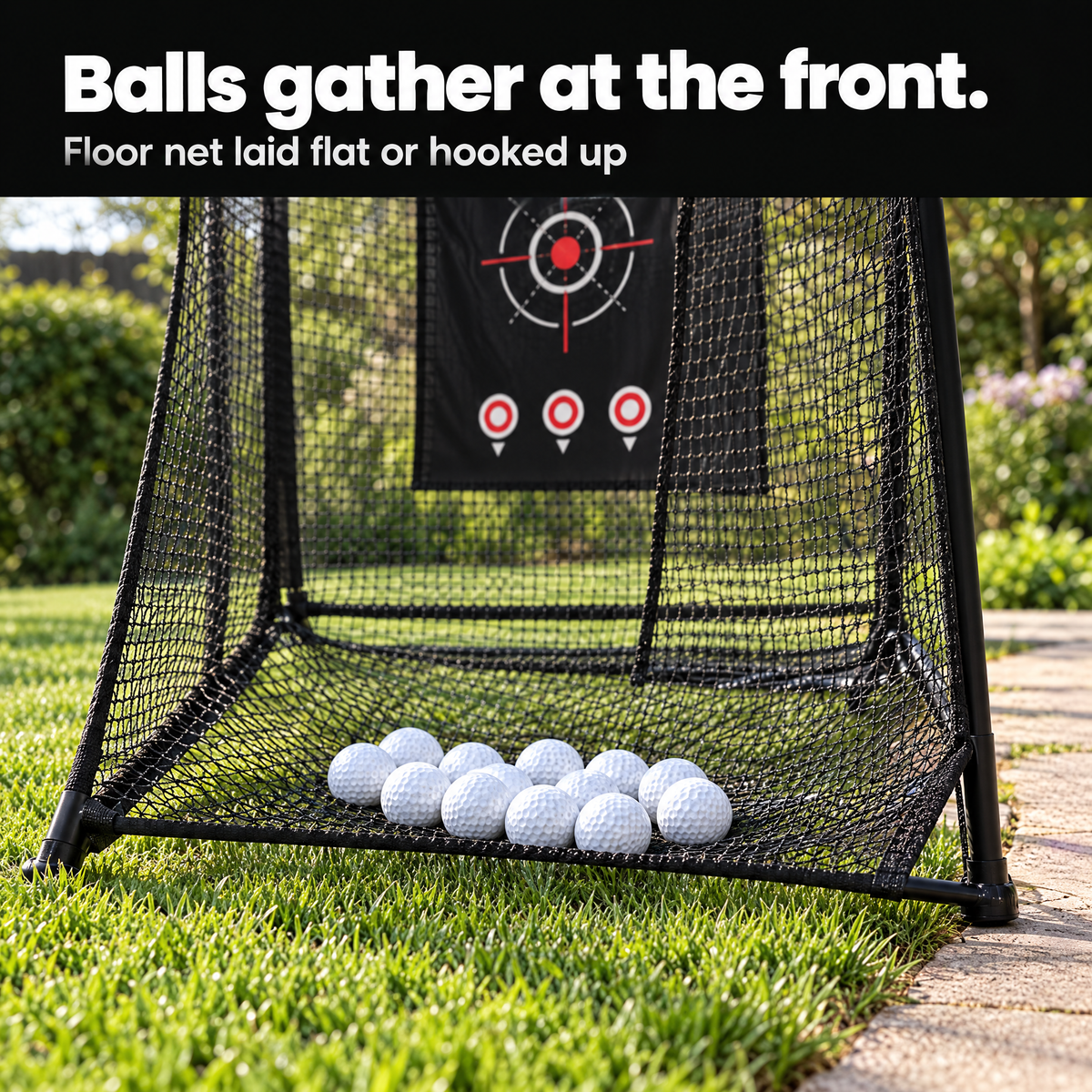 Balls gather in the floor net at the front of the 7 ft practice net