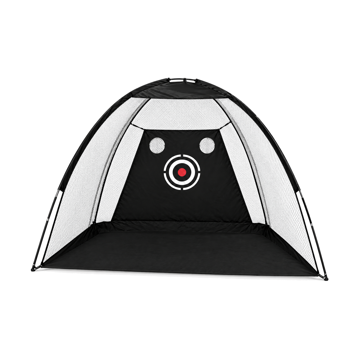 Junior Dome Practice Net, 6.6 ft (2 m) black dome with bullseye and two chipping holes, on a white background