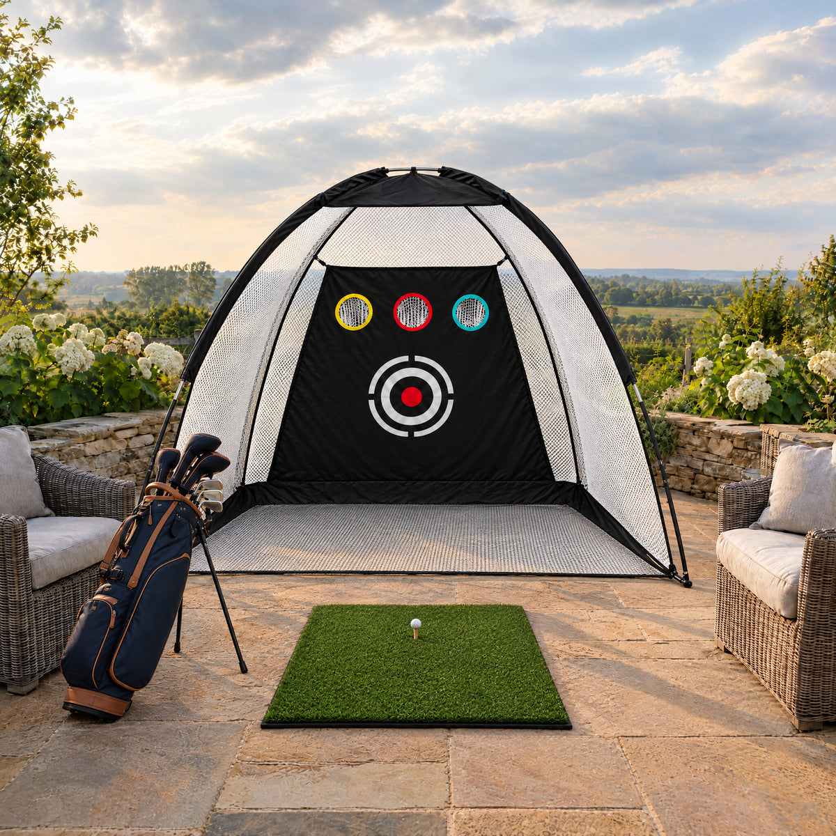 Dome Practice Net, 9.8 ft (3 m), on a stone patio with the Range Hitting Mat and a golf bag (illustrative image)