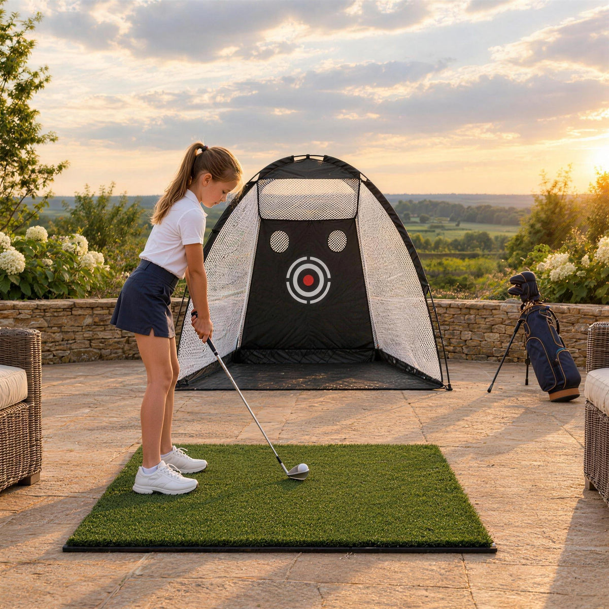 Girl practising with the Junior Dome Practice Net on a garden patio, hitting from the Range Hitting Mat (illustrative image)