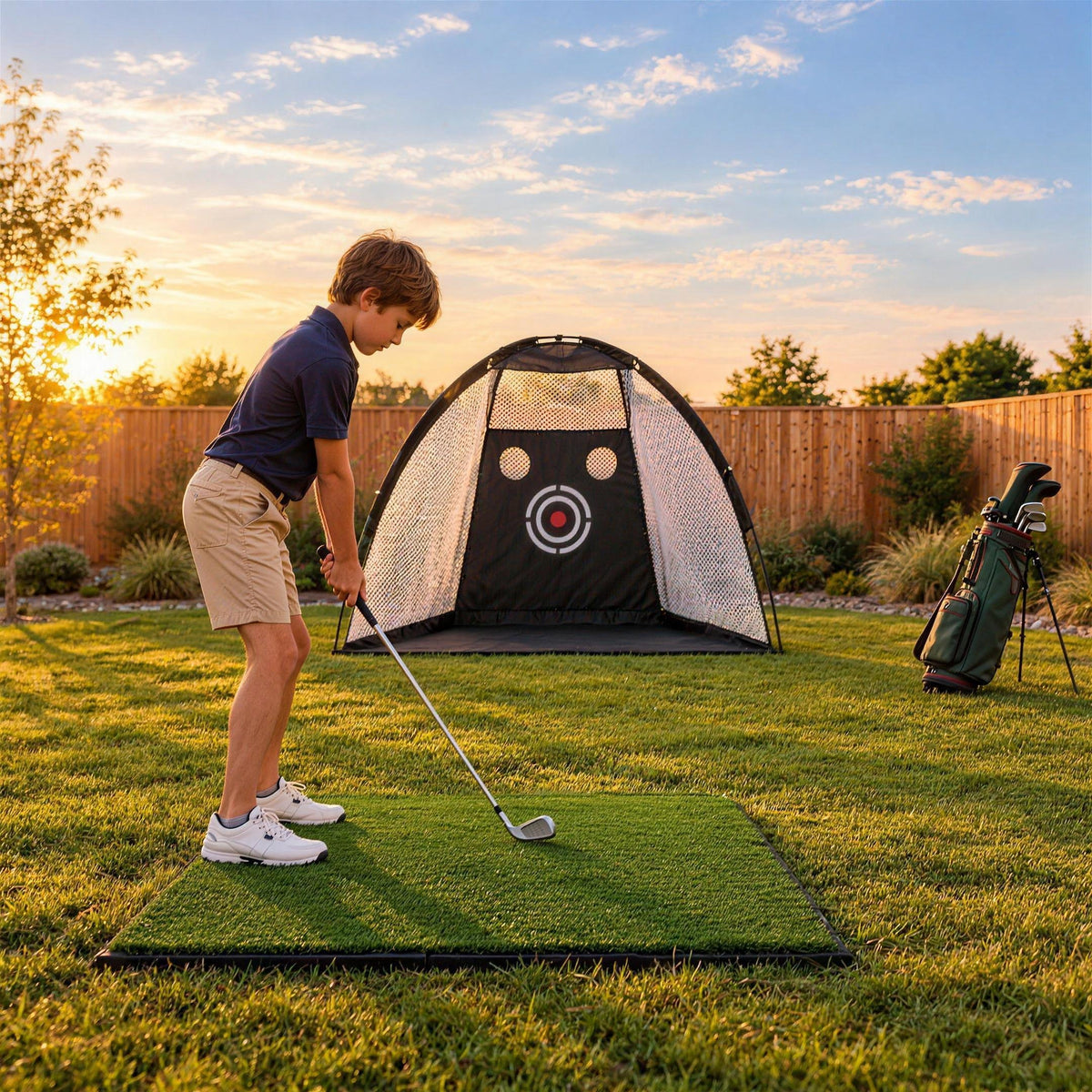 Young golfer at address in front of the Junior Dome Practice Net on a garden lawn, on the Range Hitting Mat (illustrative image)