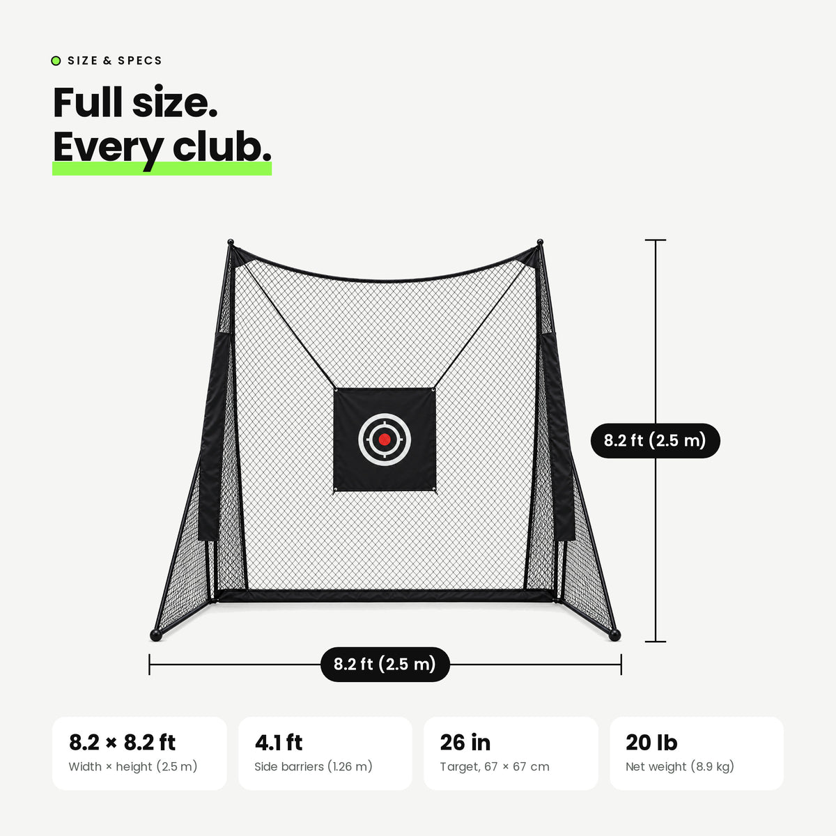 Pro Practice Net size: 8.2 x 8.2 ft (2.5 x 2.5 m), side barriers 4.1 ft, target 26 in, 20 lb