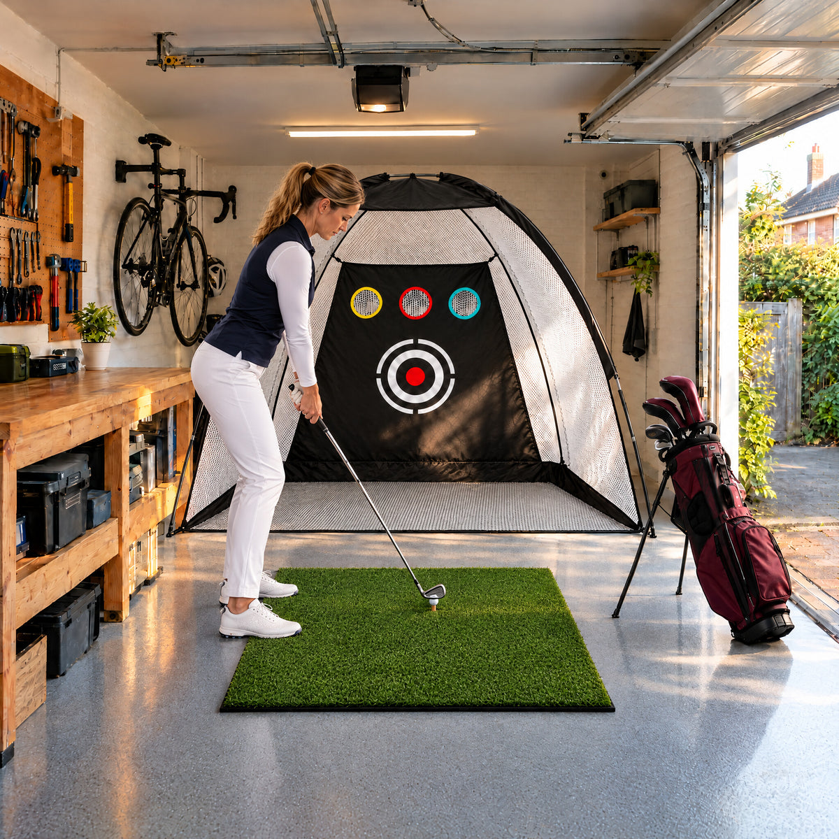 Golfer on the Range Hitting Mat in front of the Dome Practice Net in a family garage (illustrative image)