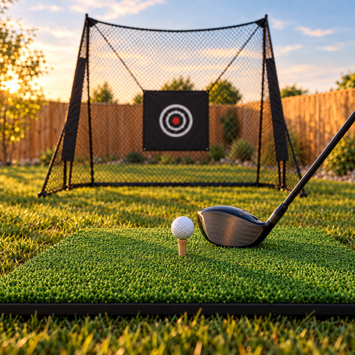 Ball on the rubber tee of the Range Hitting Mat, driver behind, Pro Practice Net in the background (illustrative image)