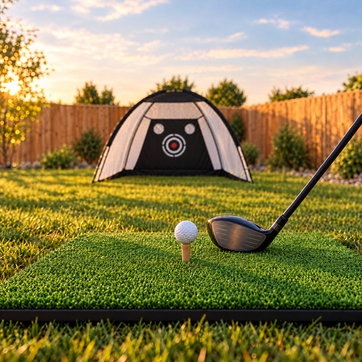 Ball on the rubber tee of the Range Hitting Mat, Junior Dome Practice Net in the background (illustrative image)