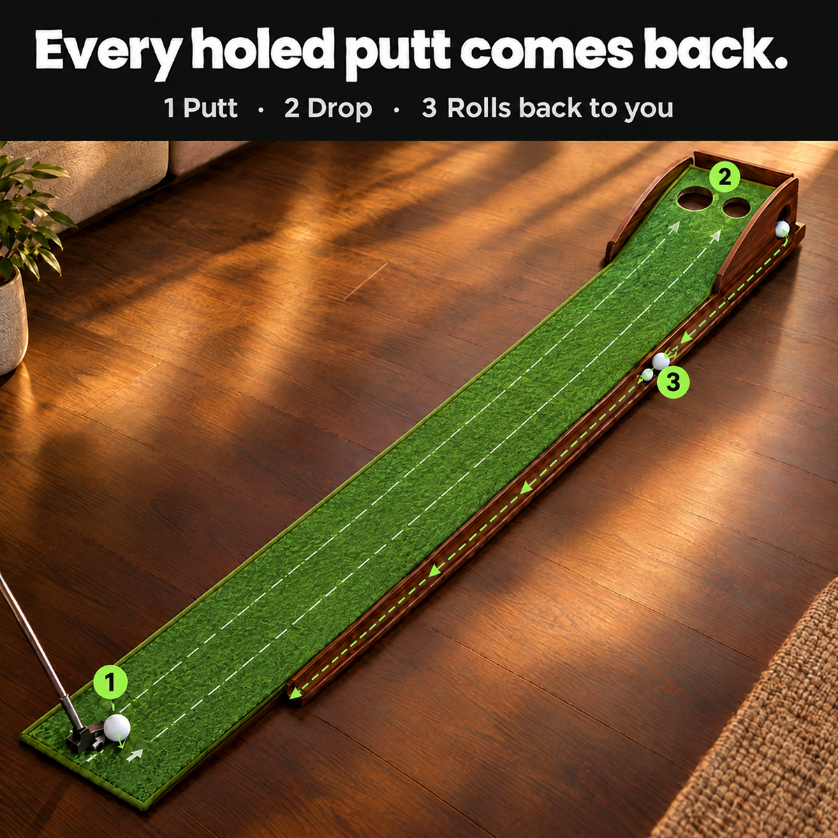 Every holed putt comes back: putt, drop, the ball rolls back along the return rail