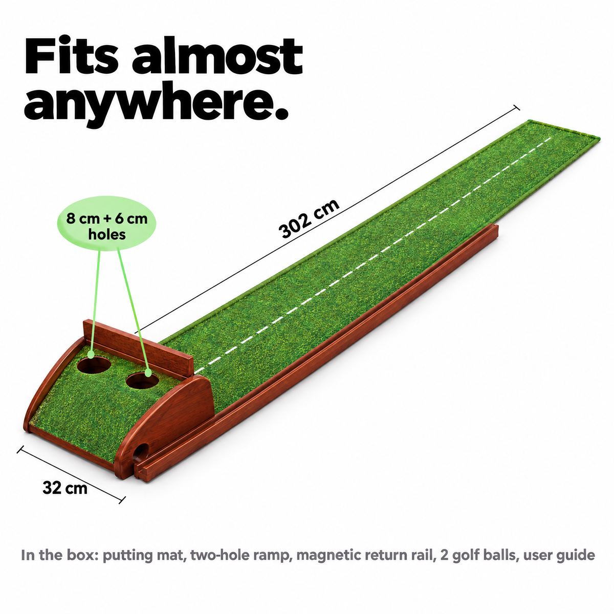 Dimensions: 302 cm long, 32 cm wide, wooden ramp with 8 cm and 6 cm holes and return rail (illustrative image)