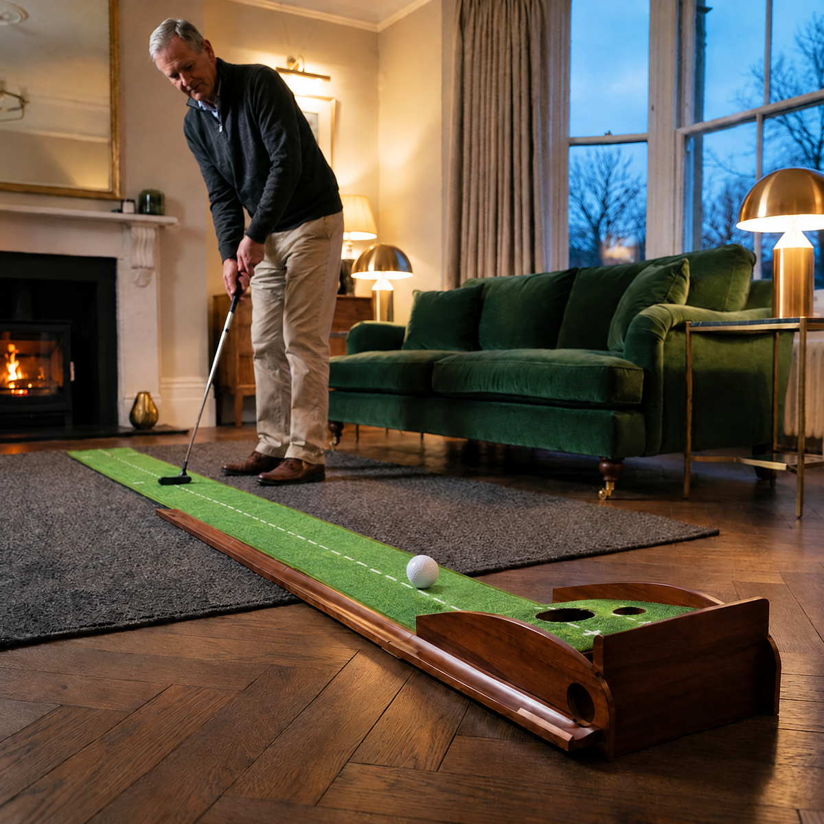 Golfer putting on the two-hole ball-return putting mat in a living room (illustrative image)