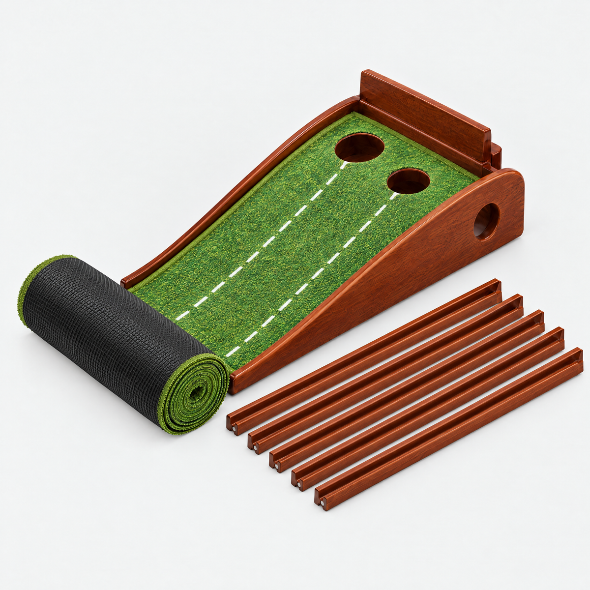 Two-hole ball-return putting mat: wooden ramp with 8 cm and 6 cm holes, mat rolled up from the ramp, five hollow return-rail sections (illustrative image)