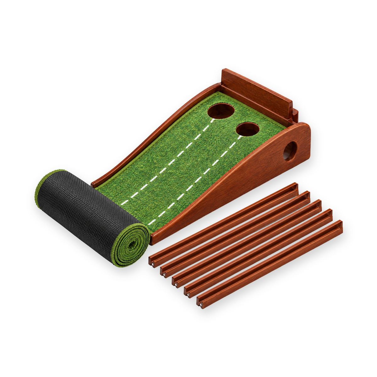 Two-hole ball-return putting mat: wooden ramp with 3.1 in (8 cm) and 2.4 in (6 cm) holes, mat rolled up from the ramp, five hollow return-rail sections (illustrative image)