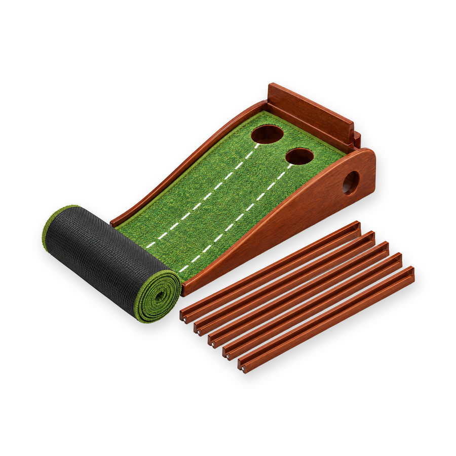 Two-hole ball-return putting mat: wooden ramp with 3.1 in (8 cm) and 2.4 in (6 cm) holes, mat rolled up from the ramp, five hollow return-rail sections (illustrative image)
