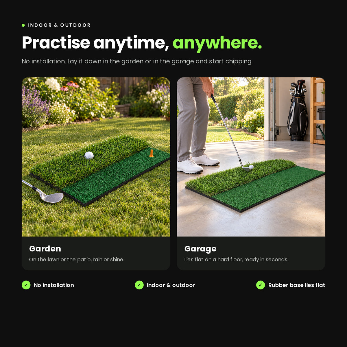 Practise anytime, anywhere: the Dual Turf mat in the garden and in the garage, no installation