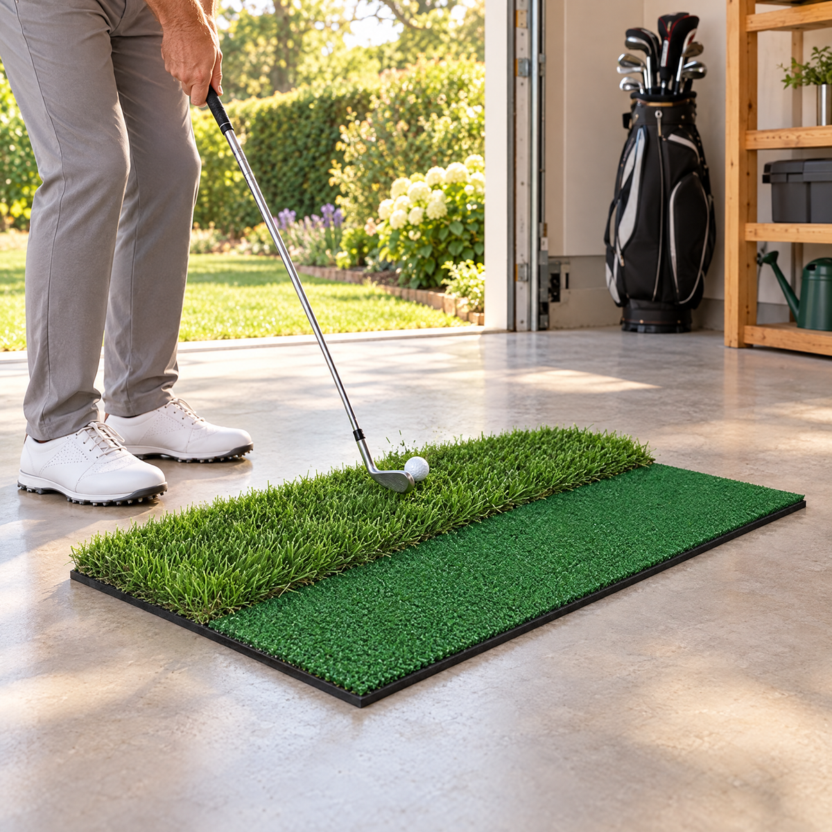 Golfer chipping from the rough side of the Dual Turf mat in a garage (illustrative image)