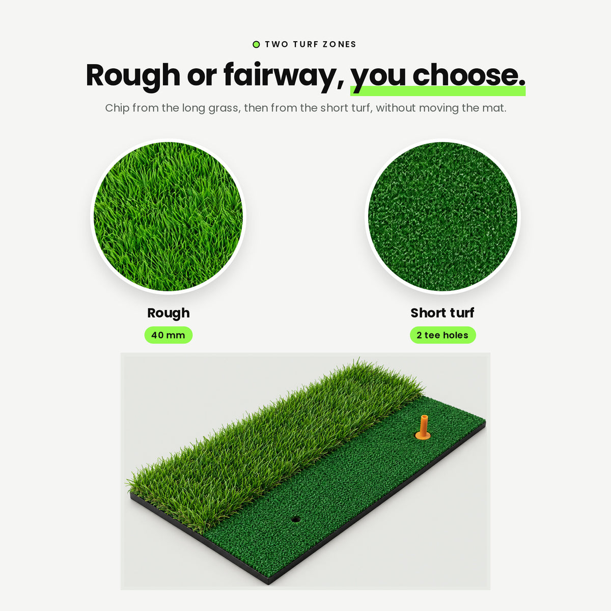 Dual Turf zones: 40 mm rough and short turf with 2 tee holes