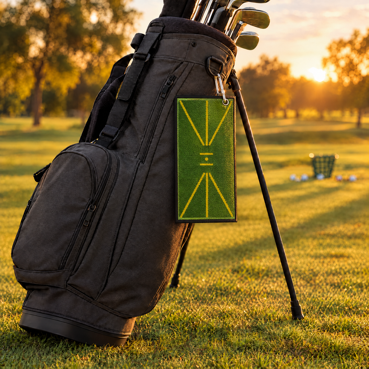 Compact strike mat clipped to a golf bag (illustrative image)