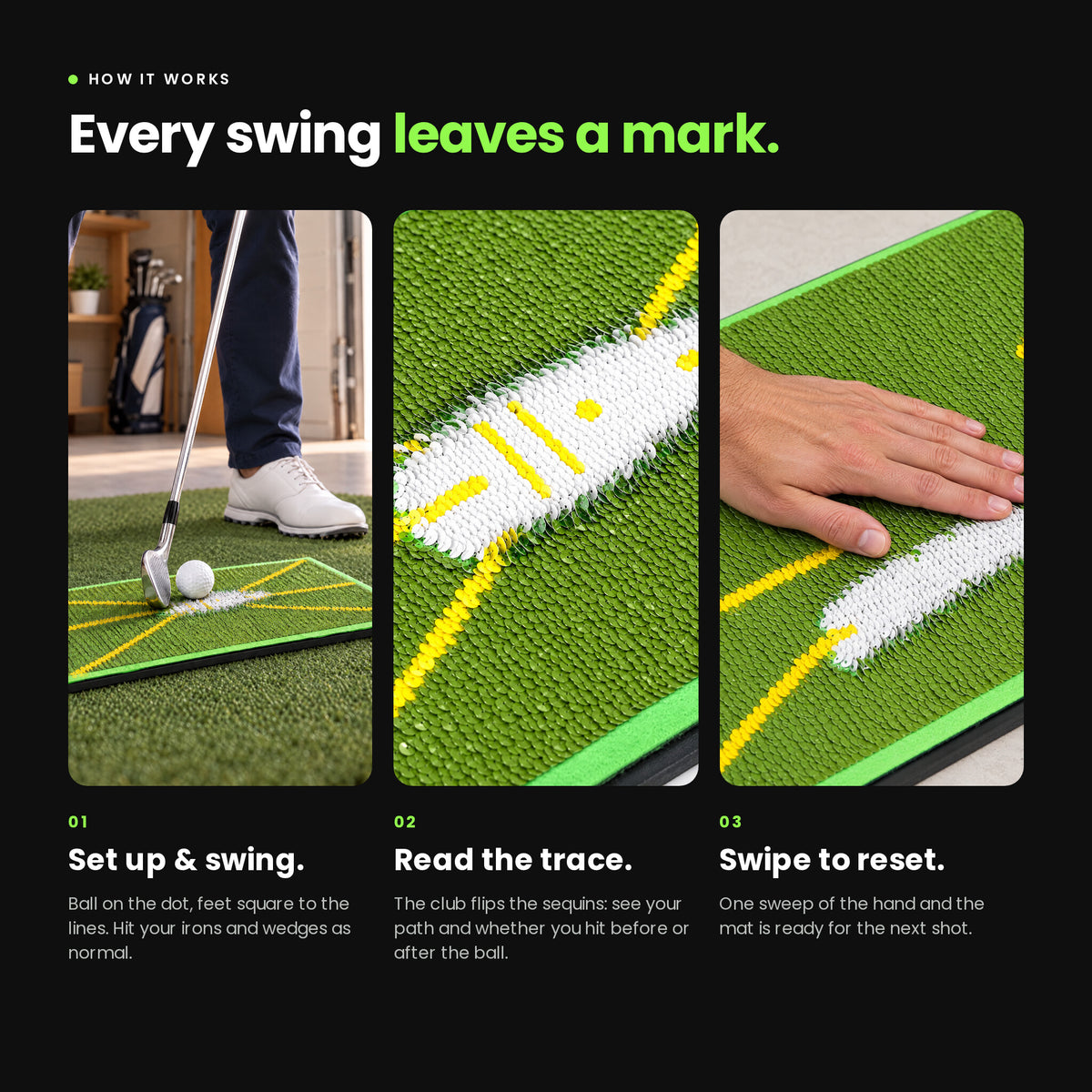 How it works: set up and swing, read the trace, swipe to reset