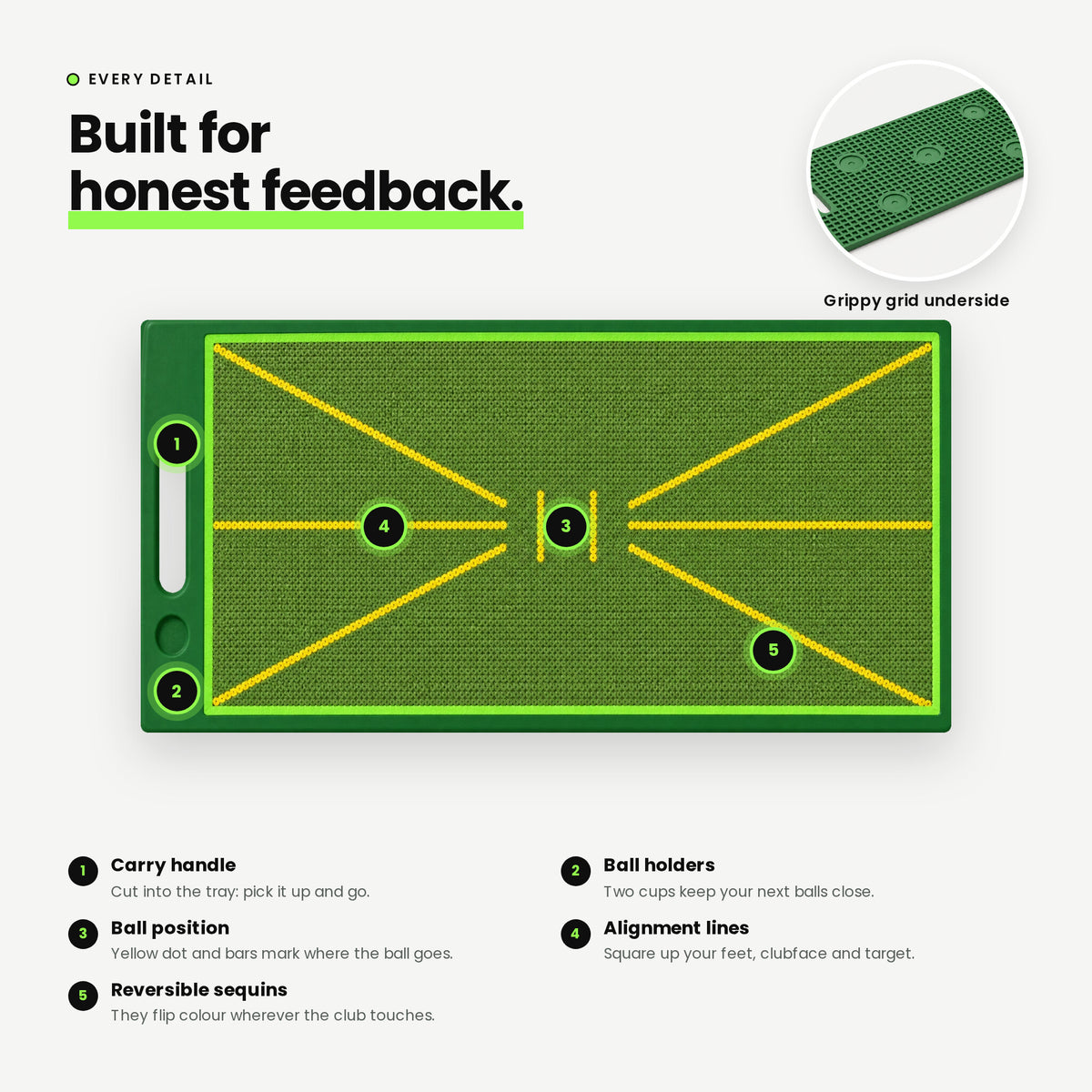 Large strike mat features: carry handle, ball holders, ball position, alignment lines, reversible sequins, grid underside