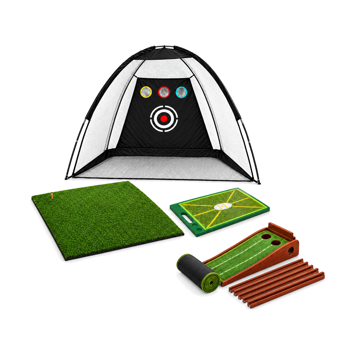 Dome Complete Home Range: Dome Practice Net, Range Hitting Mat, Strike Trace Mat Large, Ball-Return Putting Mat (rolled, with ramp and return rails), on a white background