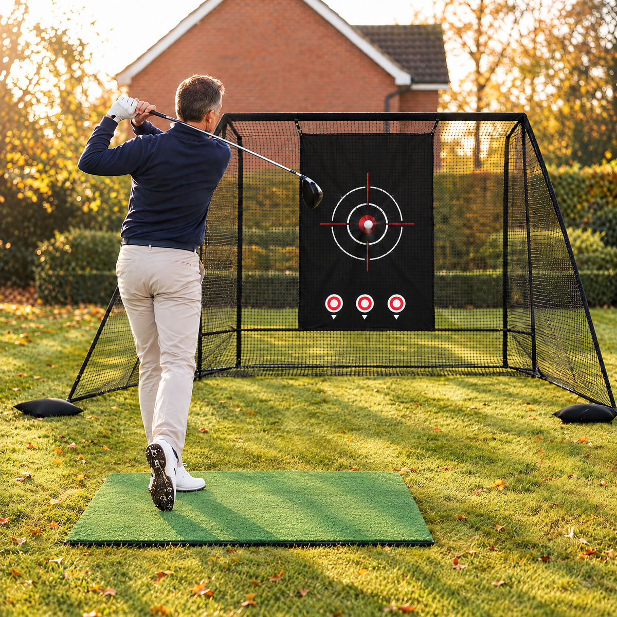 Golfer hitting into a YardRange practice net in a British back garden