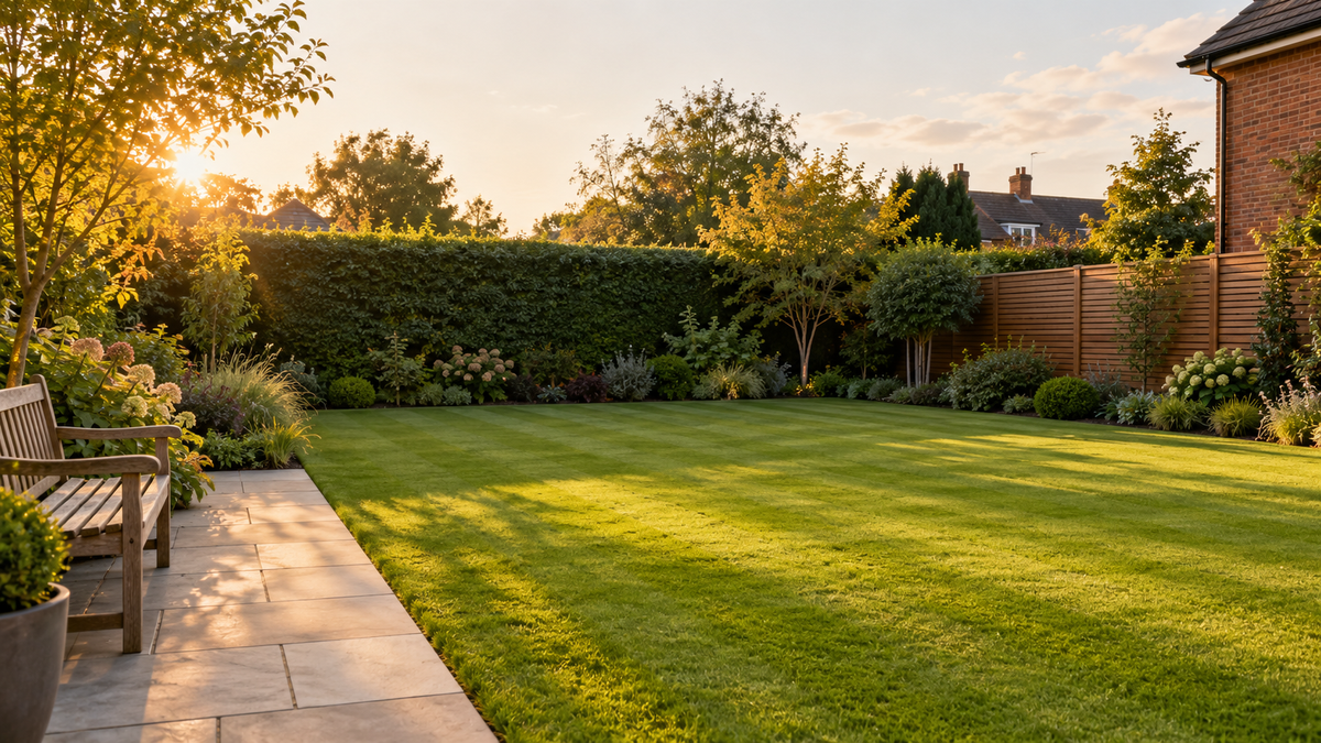 The back garden before: an empty lawn with no practice set-up