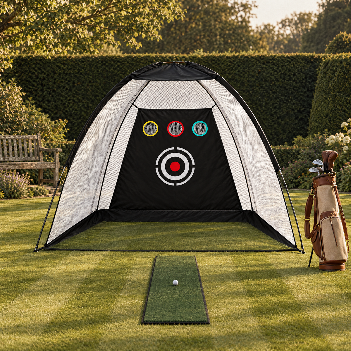 Dome Practice Net 10 ft set up on a garden lawn with a hitting mat (illustrative image)