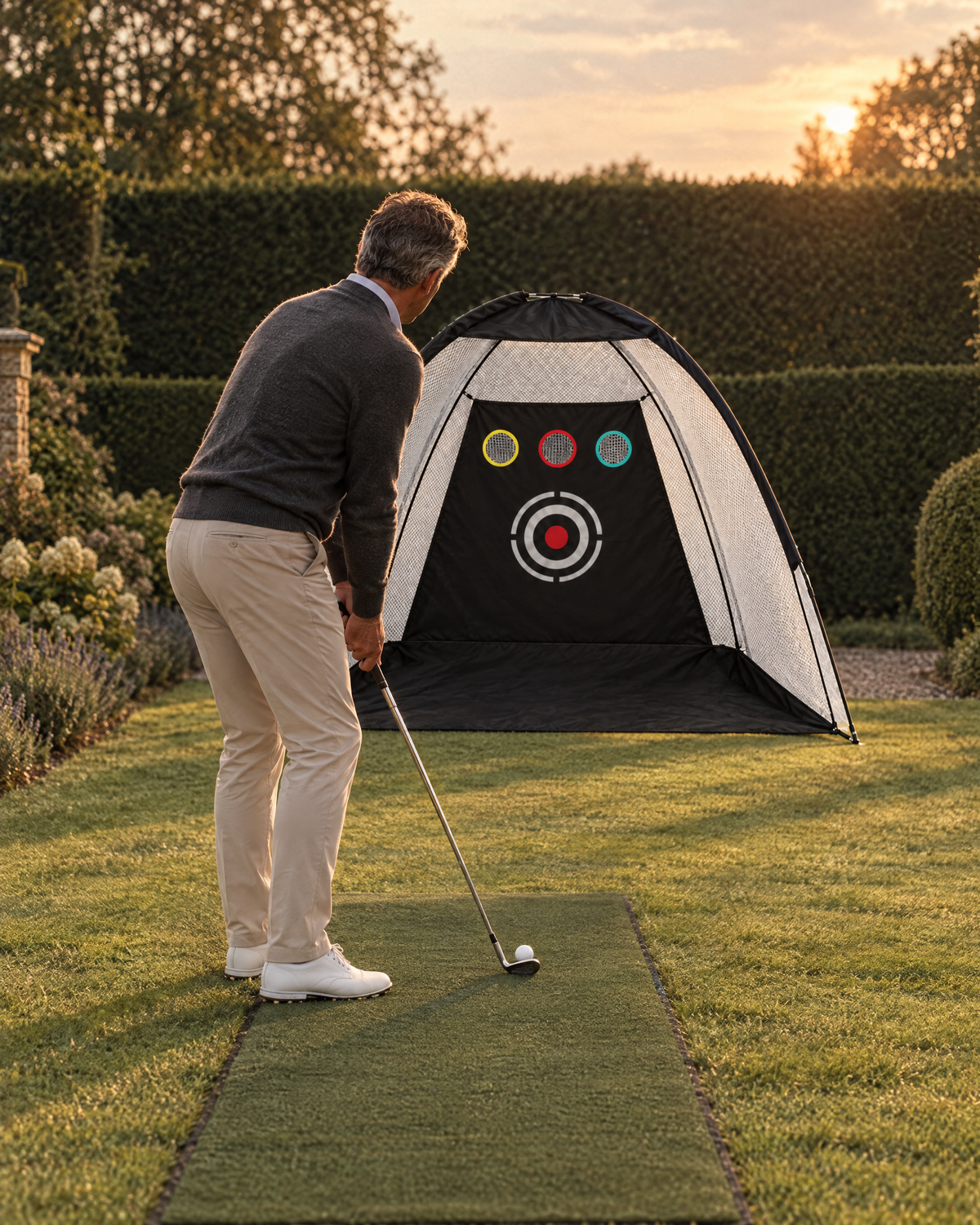 Golfer at address in front of the Dome Practice Net 10 ft (illustrative image)