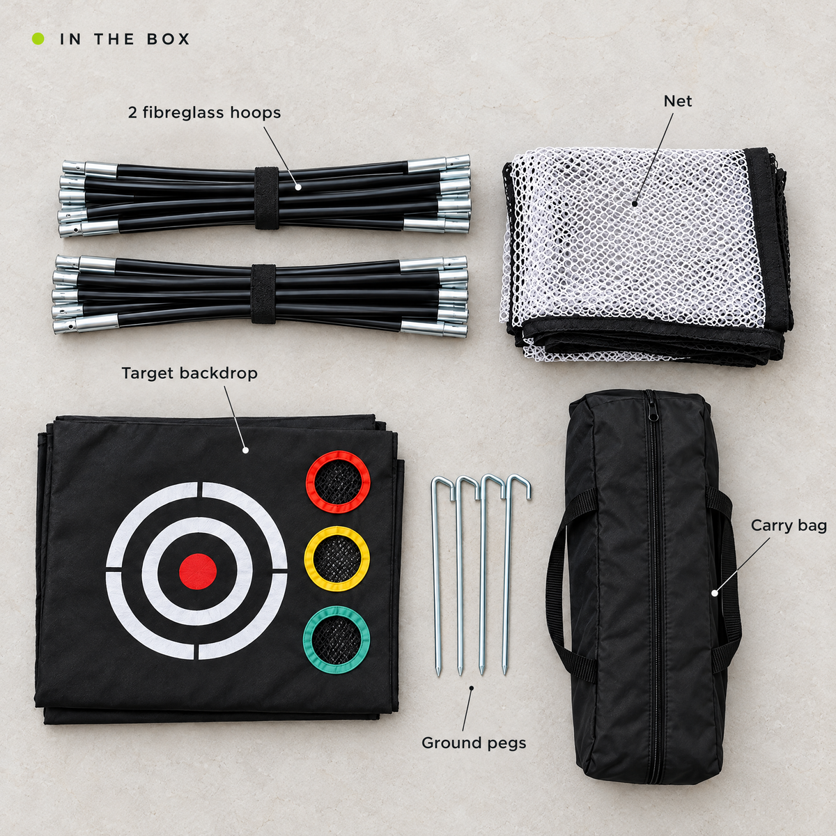 In the box: 2 fibreglass hoops, net, target backdrop, ground pegs, carry bag