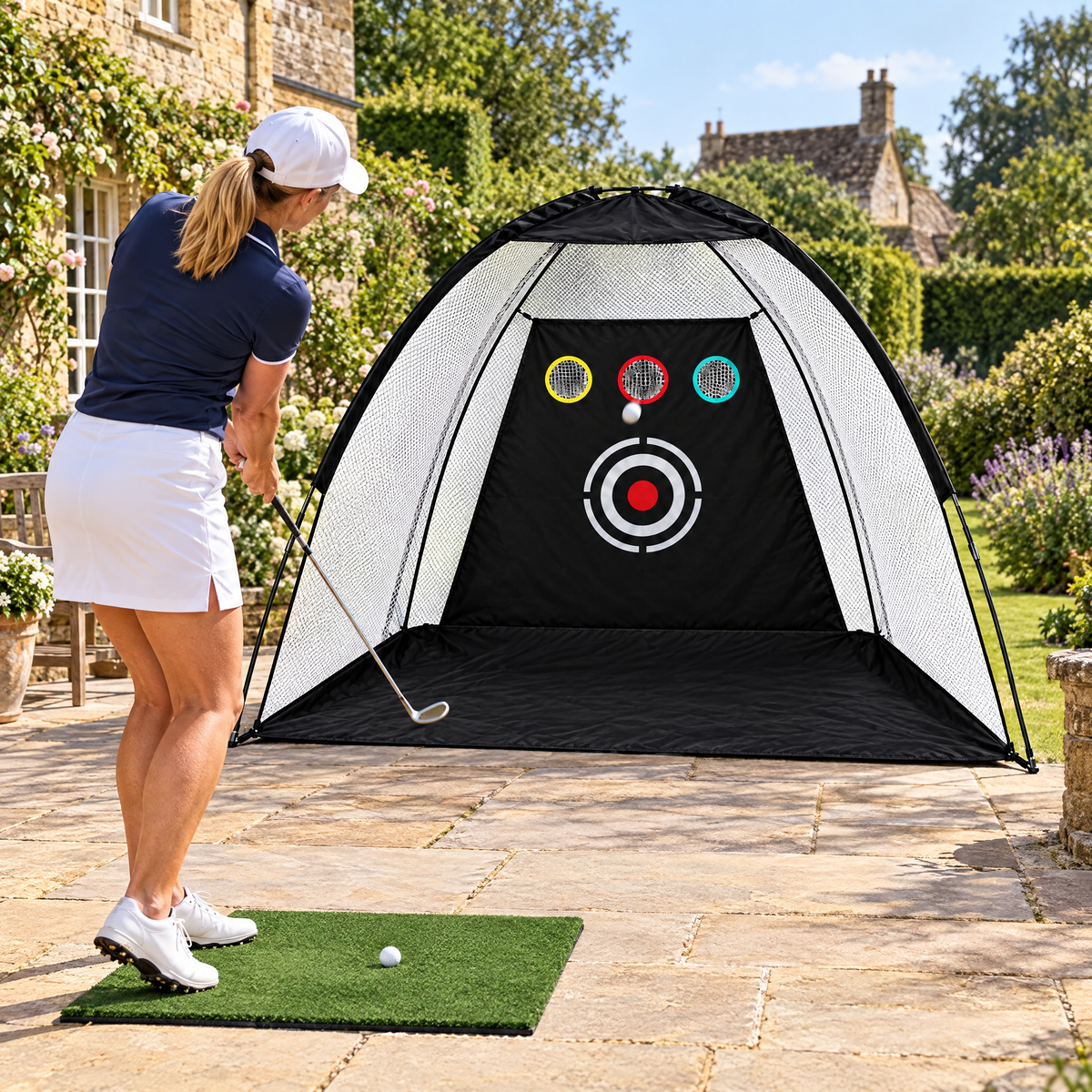 Chipping into the three holes of the dome net on a patio (illustrative image)