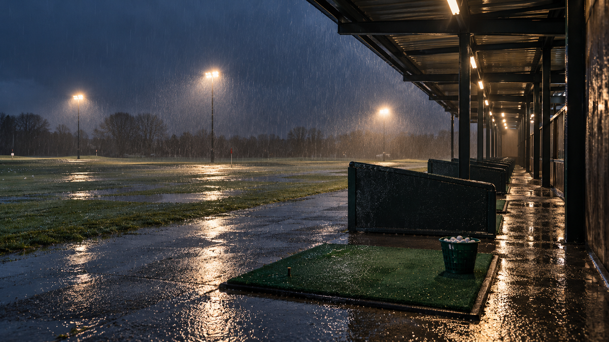 Empty driving range bays in the rain on a winter day