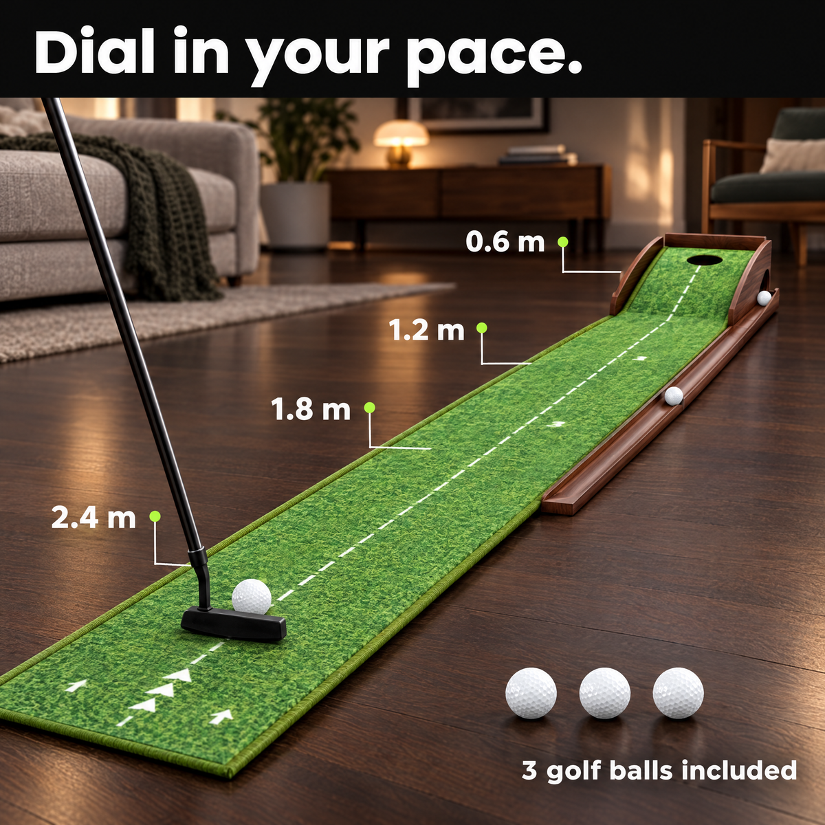 Distance markers at 0.6, 1.2, 1.8 and 2.4 m on the putting mat