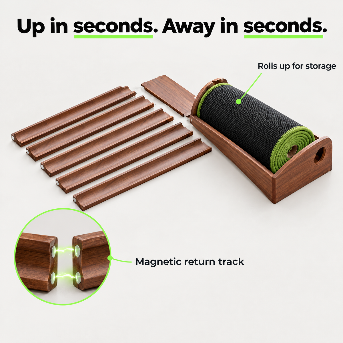 Magnetic return track and roll-up mat for quick setup and storage