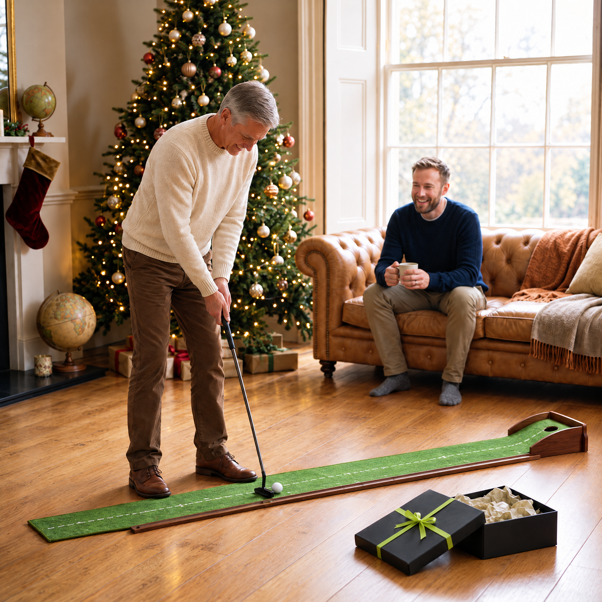 Ball-return putting mat as a Christmas gift for a golfer