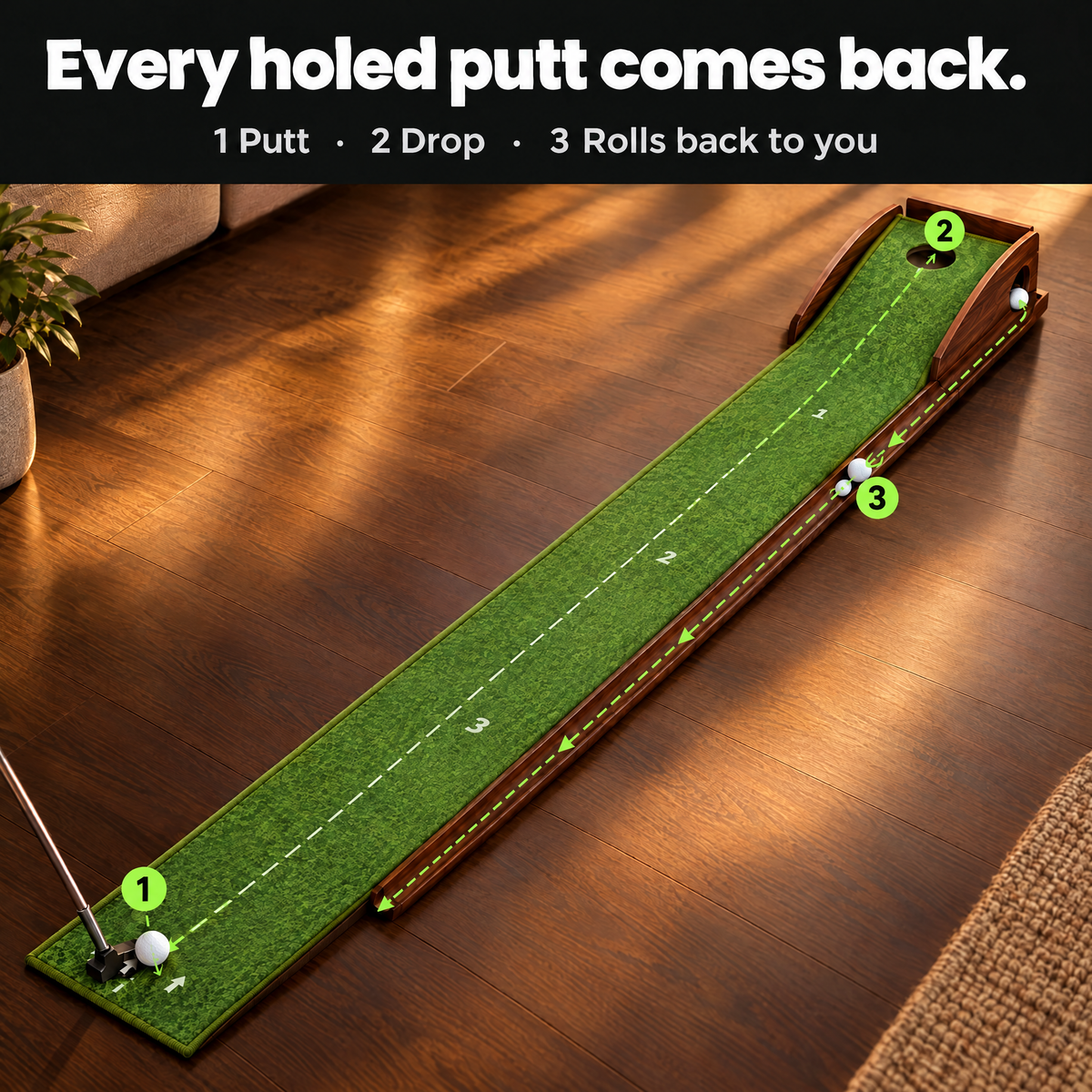 Automatic ball return: every holed putt rolls back to you