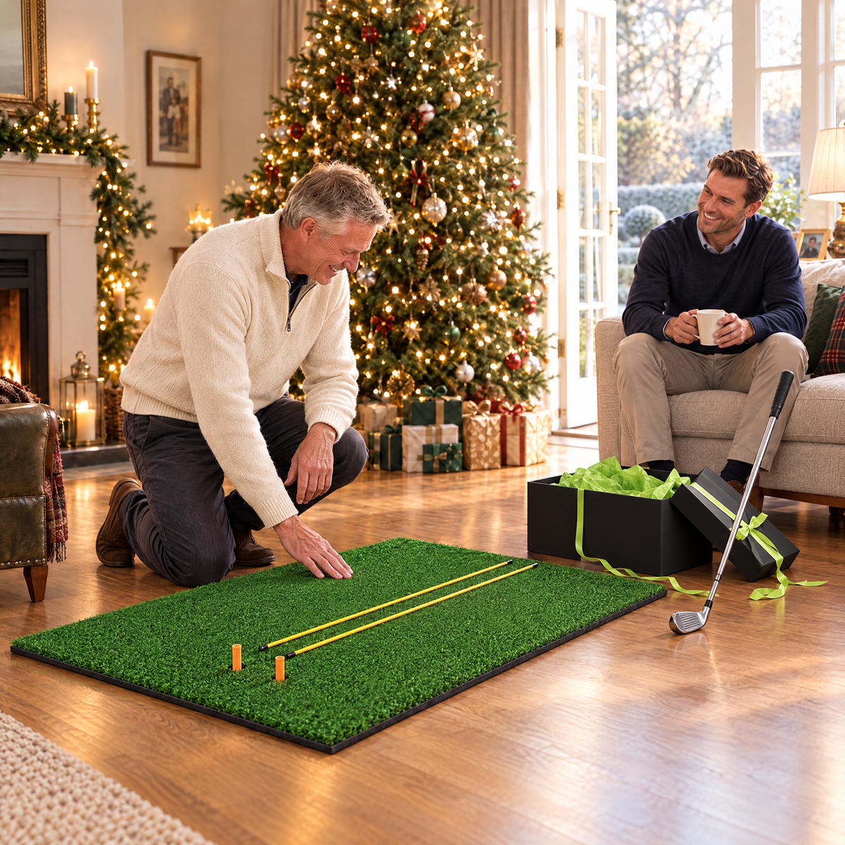 Golf hitting mat unwrapped as a Christmas gift