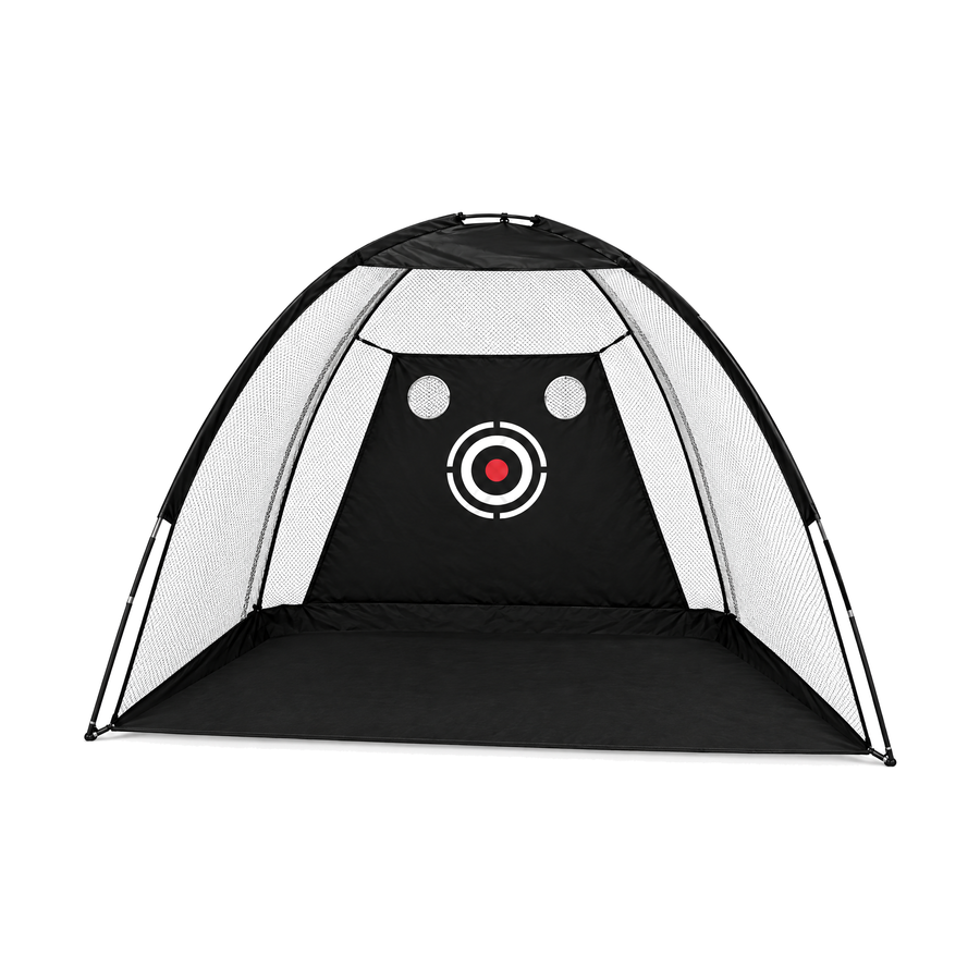 Junior Dome Practice Net, 6.6 ft (2 m) black dome with bullseye and two chipping holes, on a white background