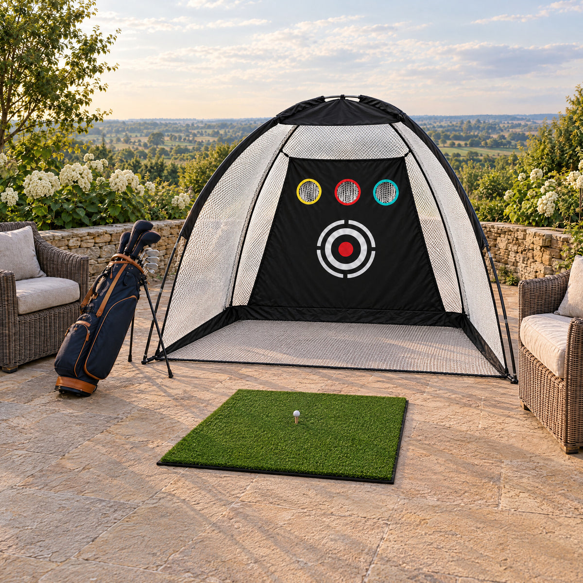 Dome Practice Net on a garden patio, three-quarter view, with the Range Hitting Mat (illustrative image)