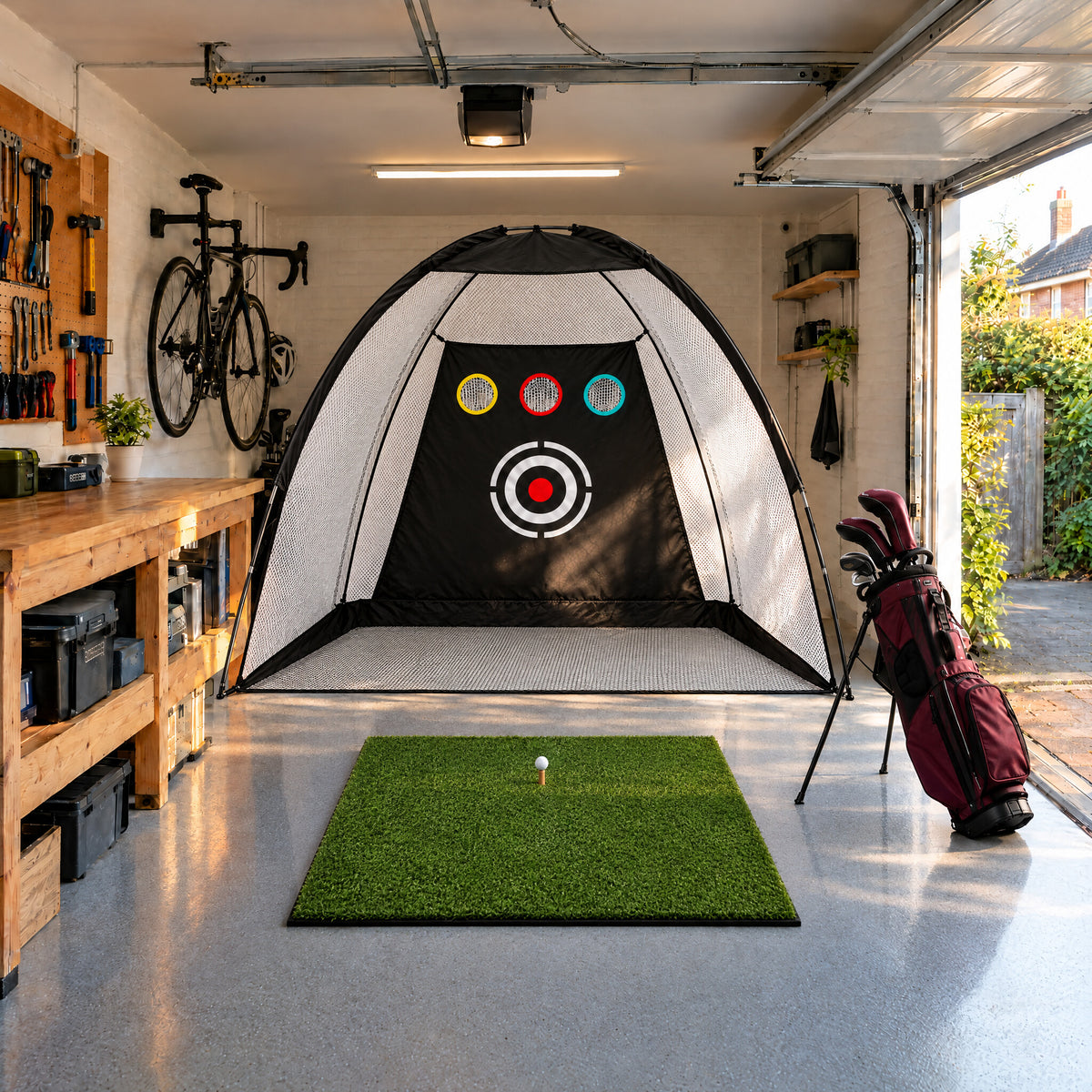 Dome Practice Net in a family garage with the Range Hitting Mat (illustrative image)